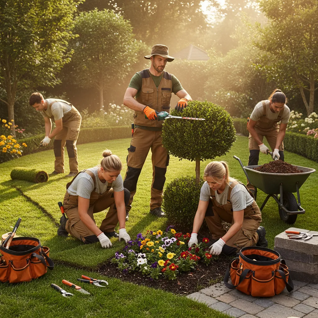 Landscaper maintaining a residential garden