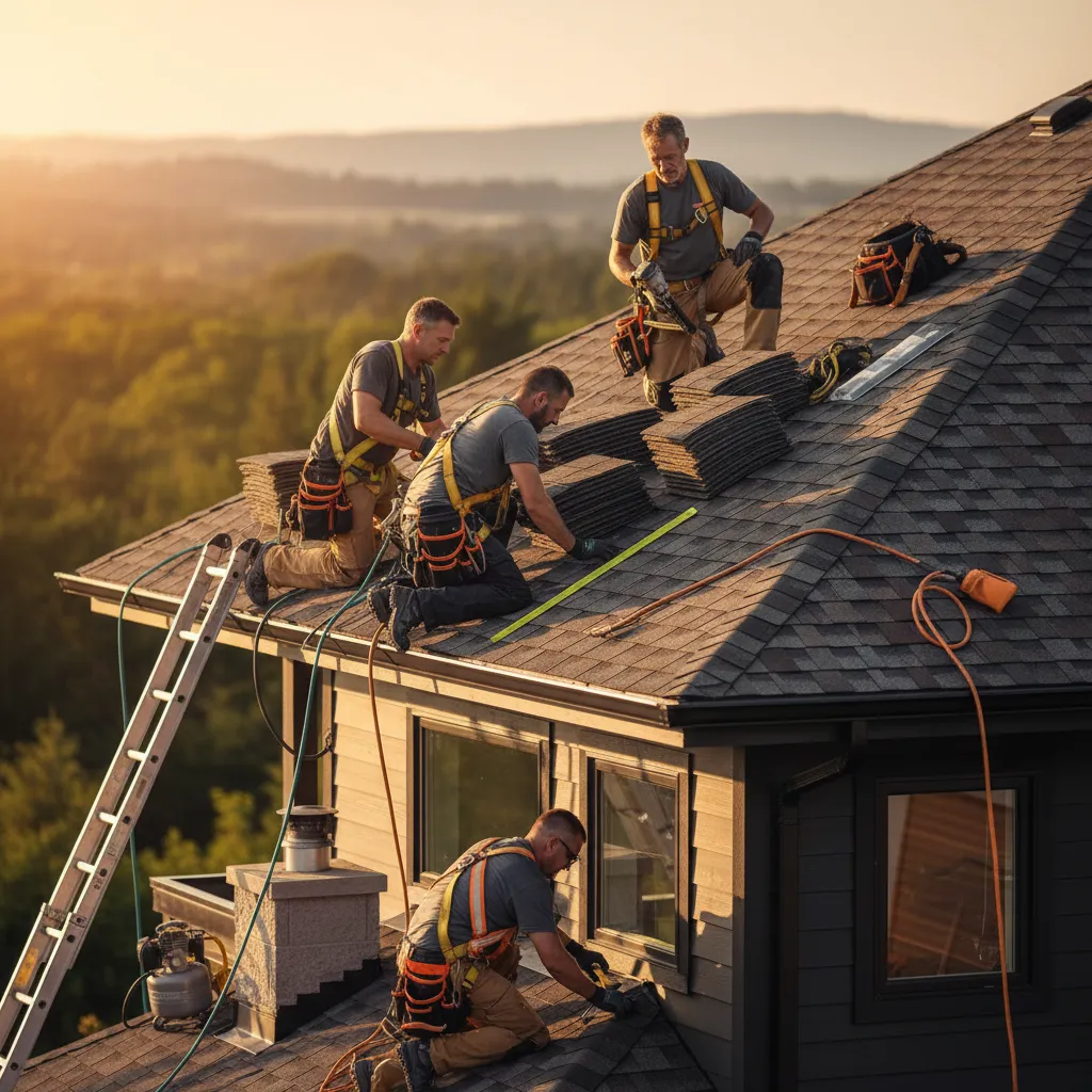 Roofing professionals working on a roof