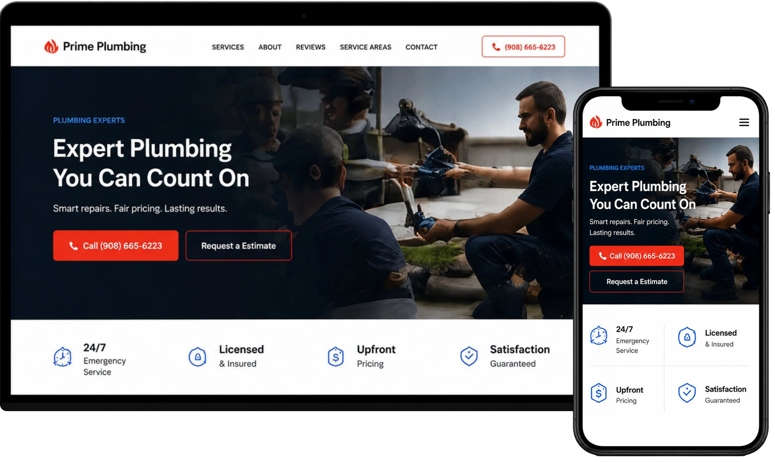 Expert plumbing site mockup shown on responsive device frame